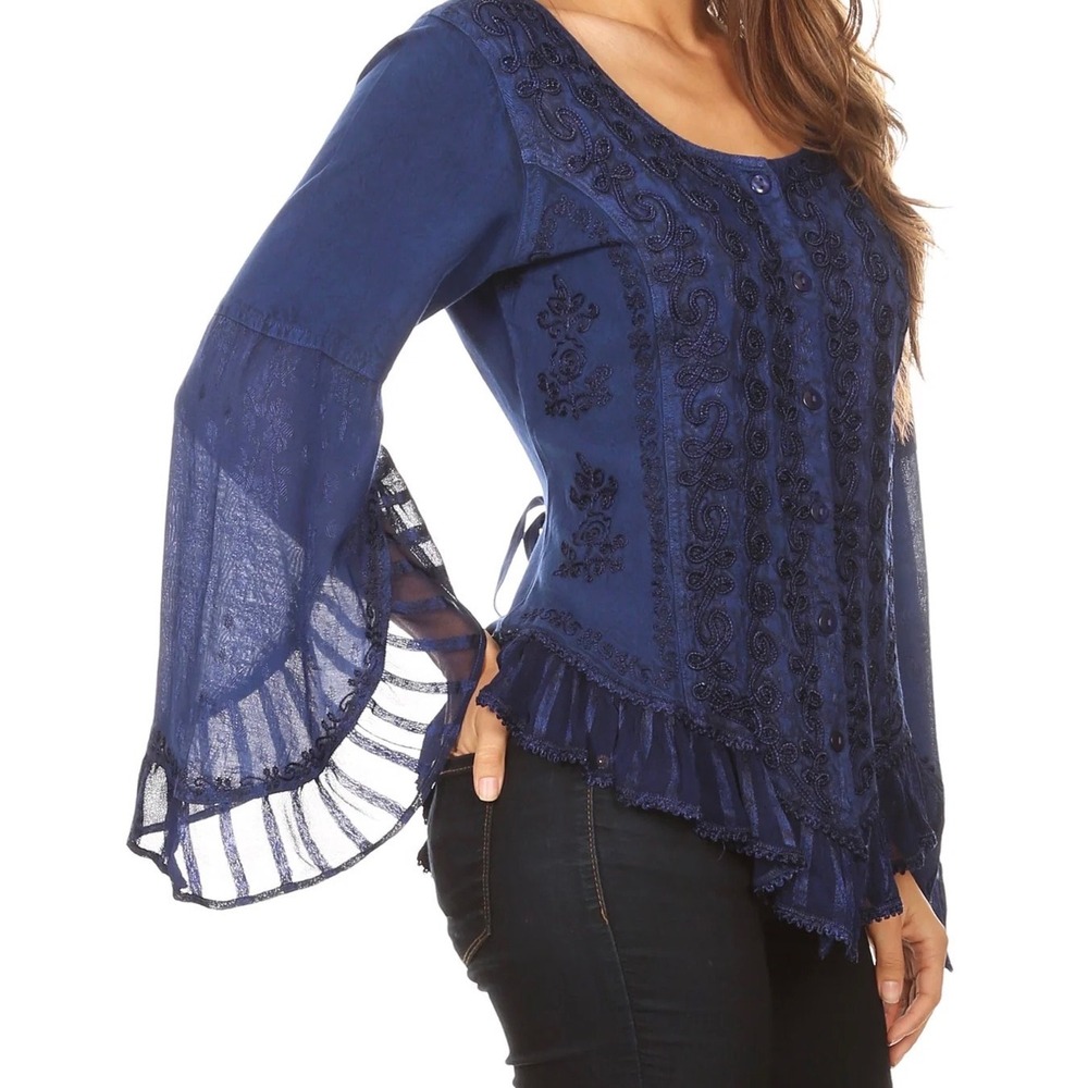 Sakkas Womens Boho Embroidered Bell Sleeve Button Down Blouse Navy Blue Medium - Picture 5 of 10